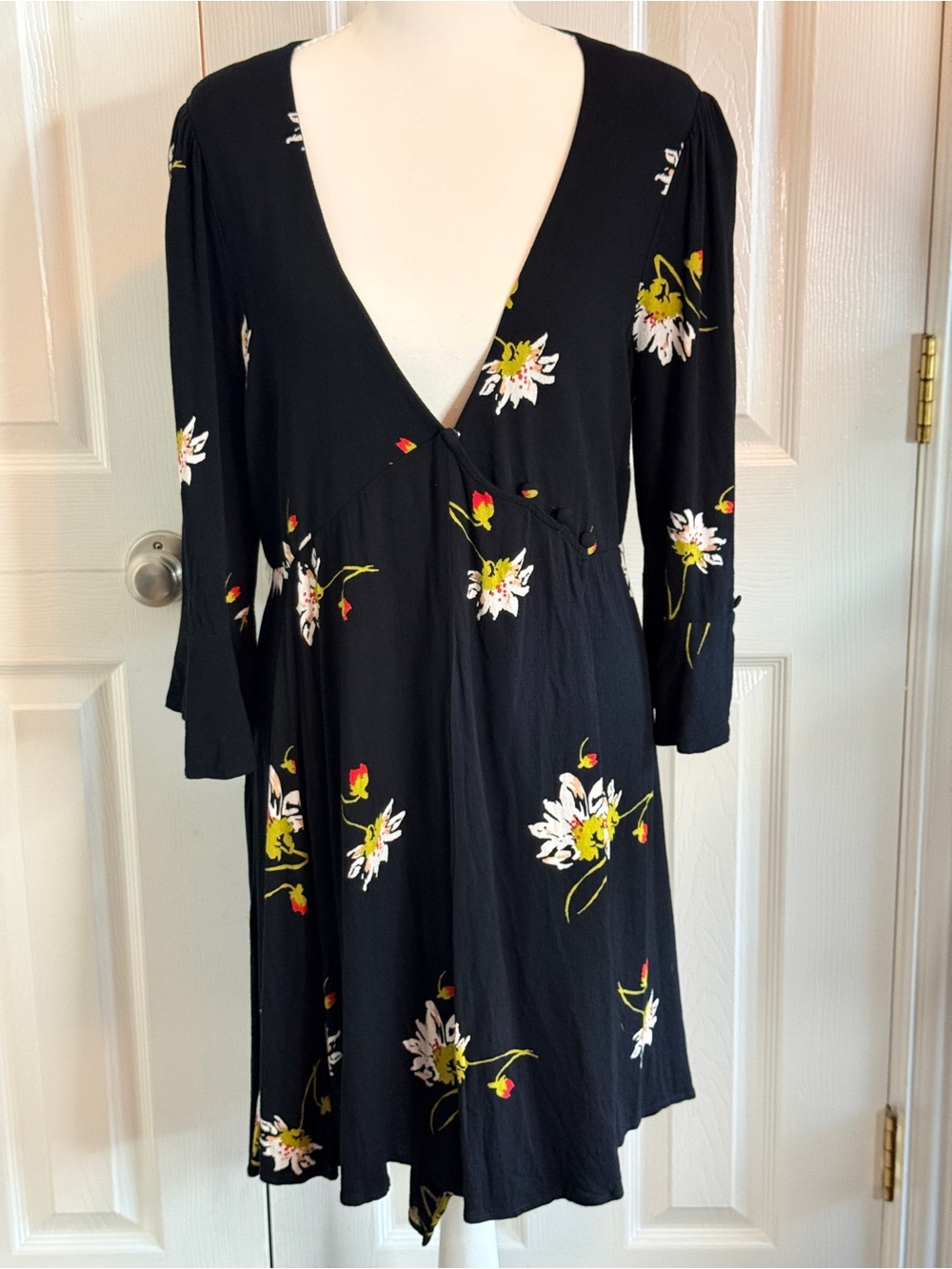 Free People Time On My Side Black Floral Wrap Mini Dress Medium